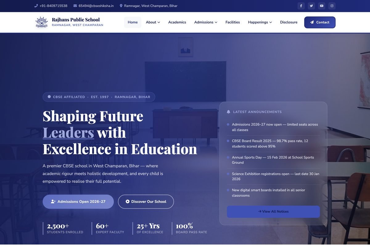 The Rajhans Public School website homepage, built by OceanStrive.